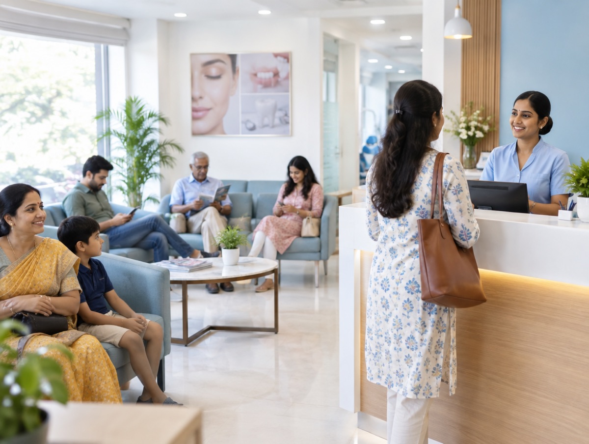 A busy clinic waiting area with a receptionist greeting a patient