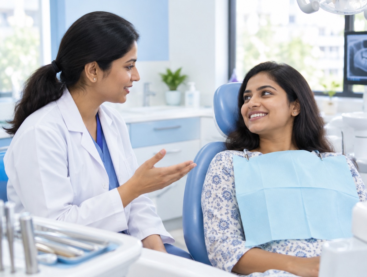 A dentist in consultation with a patient