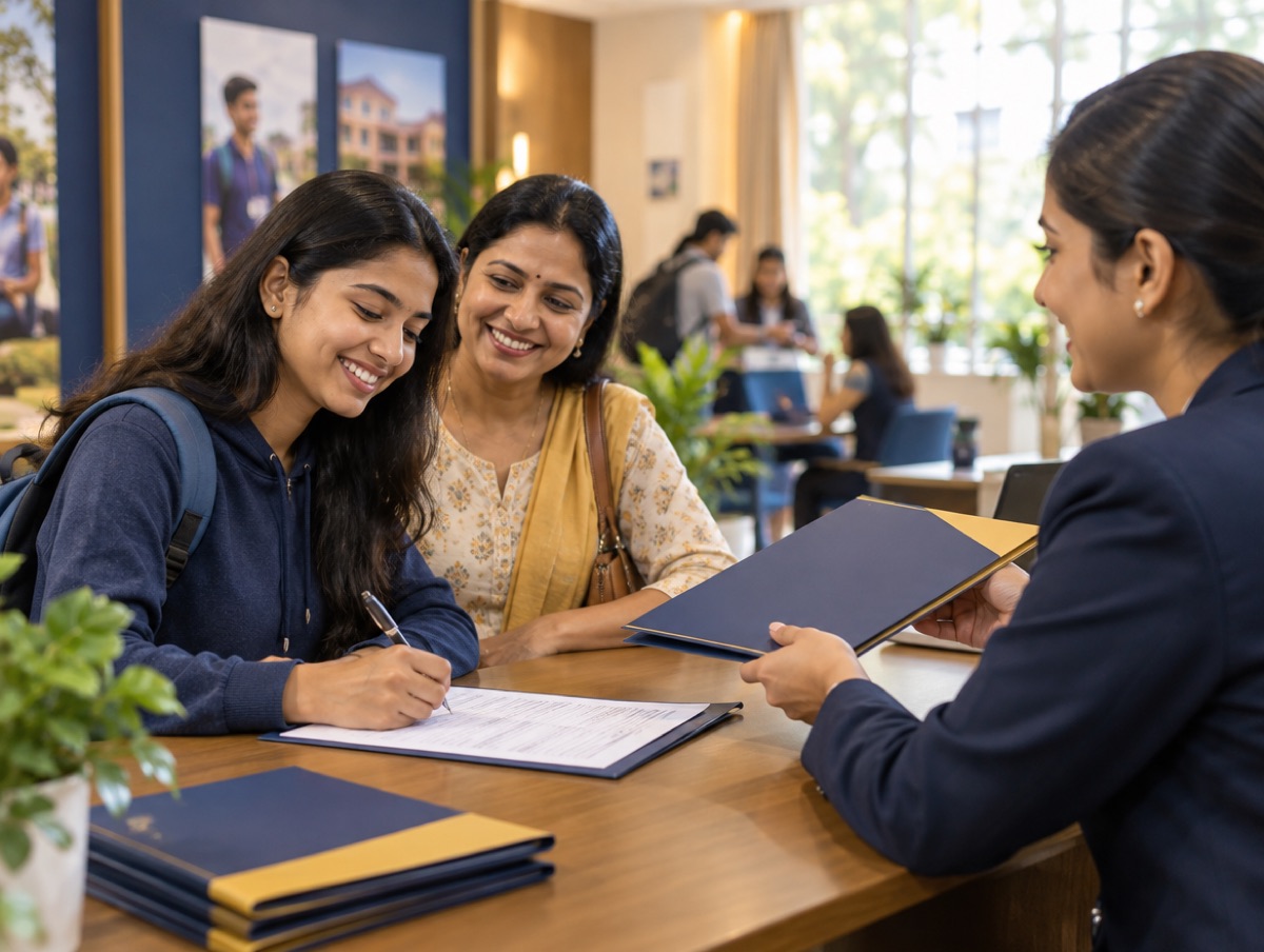 A student and parent completing an admission form