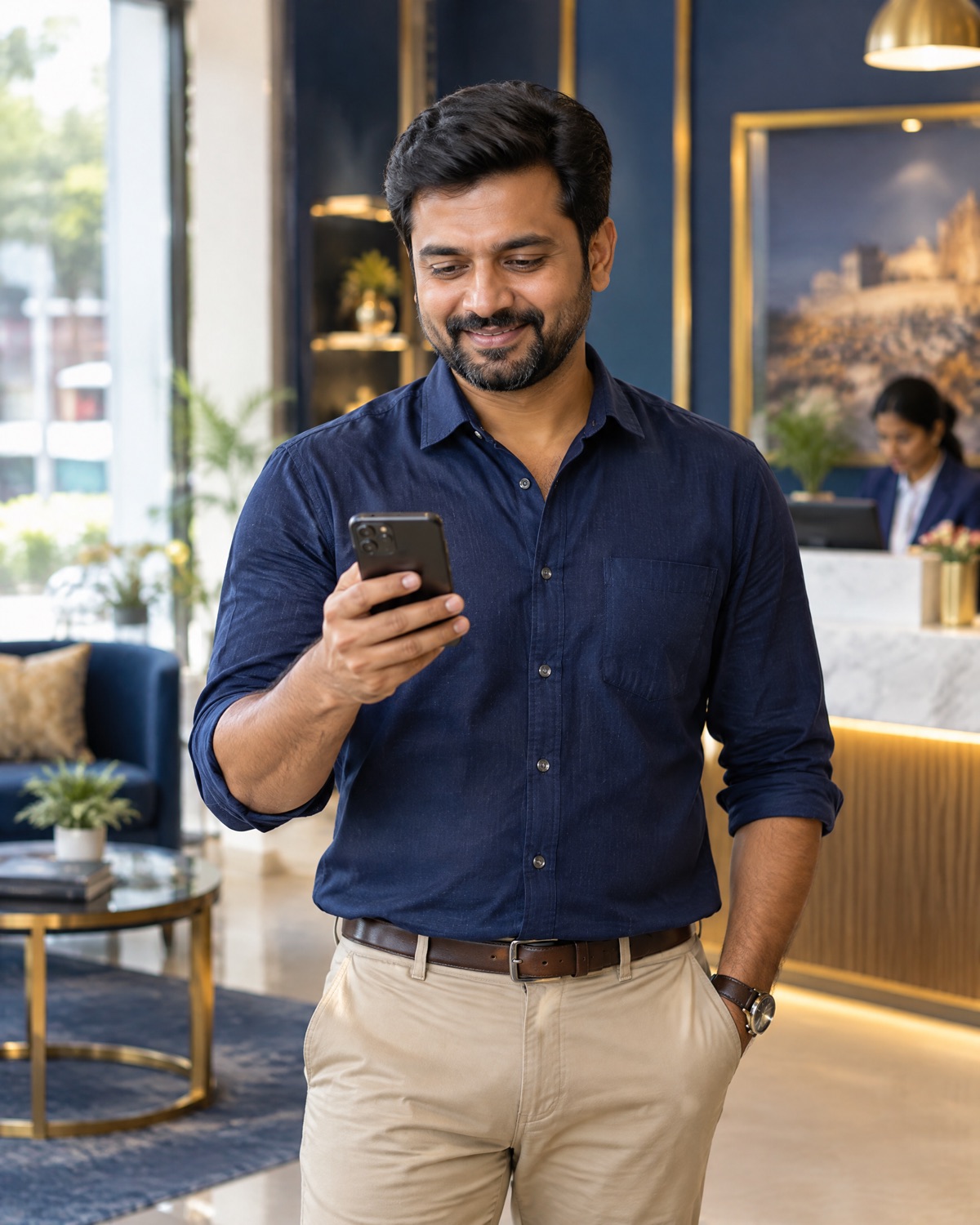 A business owner reading a new enquiry on his phone