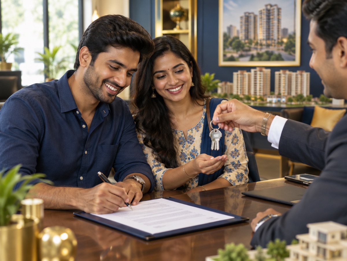 A couple signing a booking form and receiving keys
